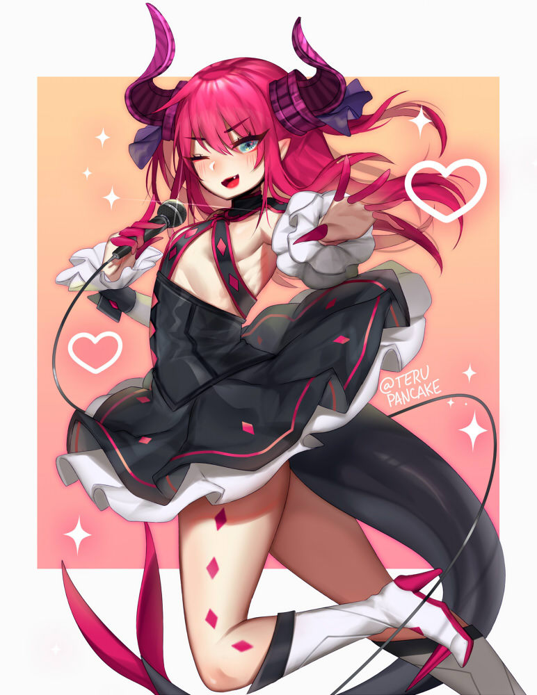 1girl ;d artist_name blue_eyes blue_ribbon boots breasts commentary dress elizabeth_bathory_(fate) elizabeth_bathory_(fate)_(all) english_commentary eyebrows_visible_through_hair eyes_visible_through_hair fang fate/grand_order fate_(series) gradient gradient_background hair_ribbon heart high_heel_boots high_heels holding holding_microphone horns jpeg_artifacts knee_boots long_hair looking_at_viewer microphone one_eye_closed open_mouth outstretched_arm pink_hair pointy_ears ribbon simple_background small_breasts smile solo sparkle tail teru_(renkyu) twitter_username v-shaped_eyebrows wrist_cuffs