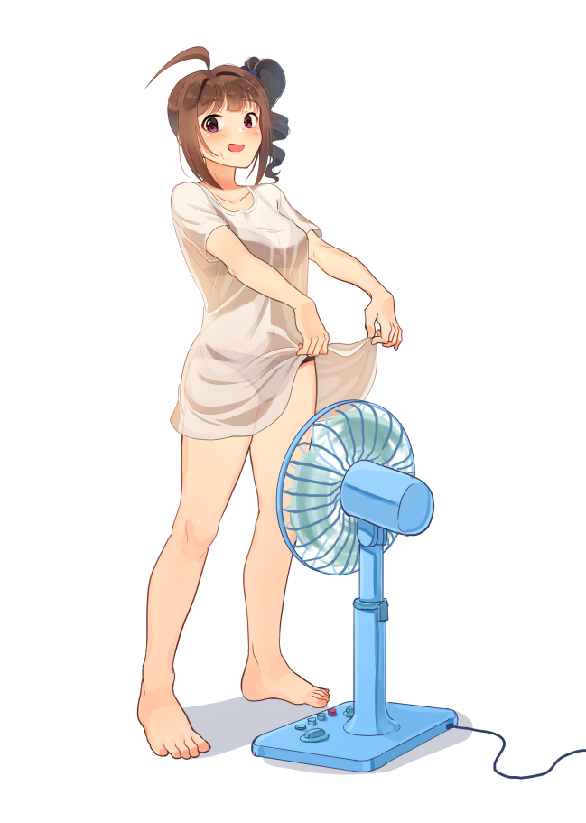 1girl ahoge barefoot black_bra black_panties blush bra breasts brown_hair cleavage collarbone drill_hair drying drying_clothes electric_fan full_body idolmaster idolmaster_million_live! kamille_(vcx68) looking_at_viewer medium_breasts panties parted_lips scrunchie see-through shirt short_hair side_drill solo standing underwear violet_eyes white_shirt yokoyama_nao
