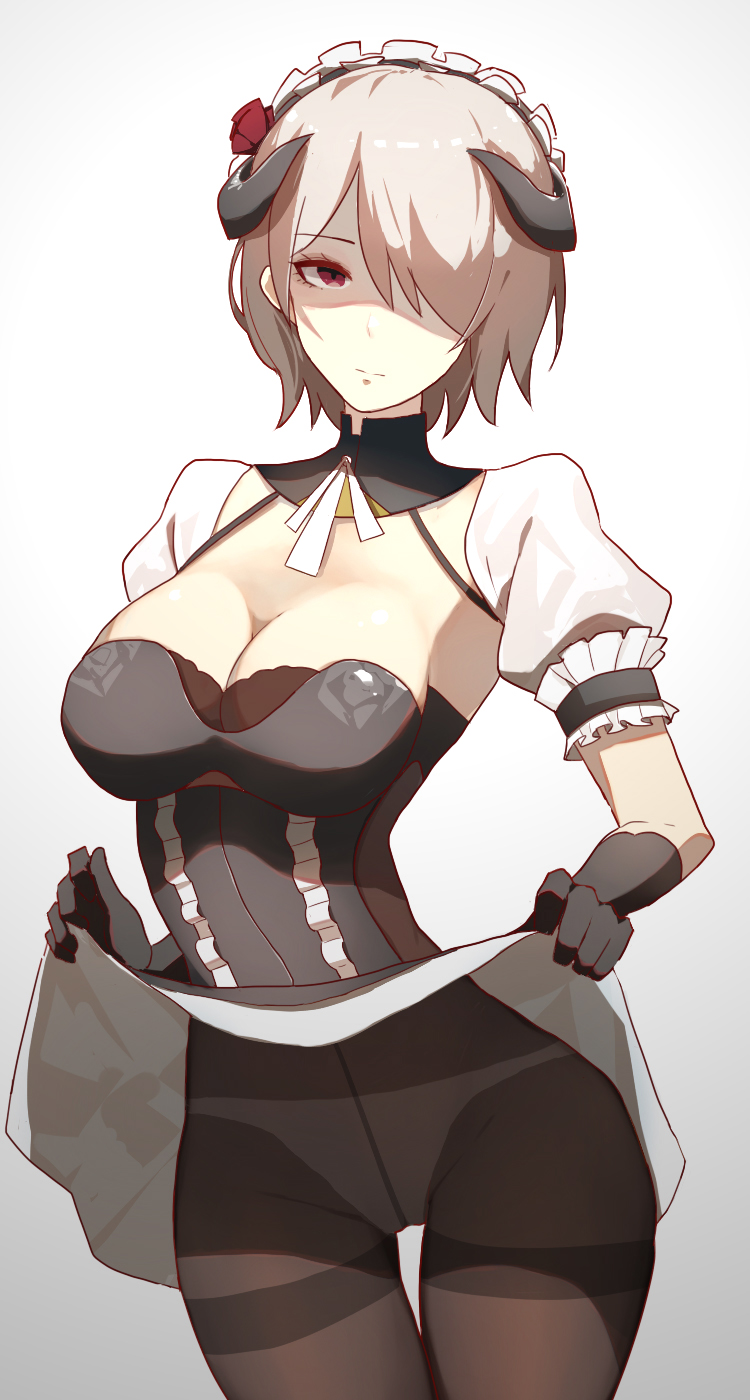 1girl bangs benghuai_xueyuan black_horns black_legwear breasts character_request cleavage closed_mouth commentary cowboy_shot crotch_seam detached_sleeves english_commentary expressionless eyebrows_visible_through_hair frilled_sleeves frills gloves hair_over_one_eye highres honkai_impact horns large_breasts looking_at_viewer lowleg lowleg_panties maid maid_headdress panties panties_under_pantyhose pantyhose puffy_short_sleeves puffy_sleeves short_hair short_sleeves solo thigh_gap thighband_pantyhose underwear very_short_hair vic white_panties wide_hips