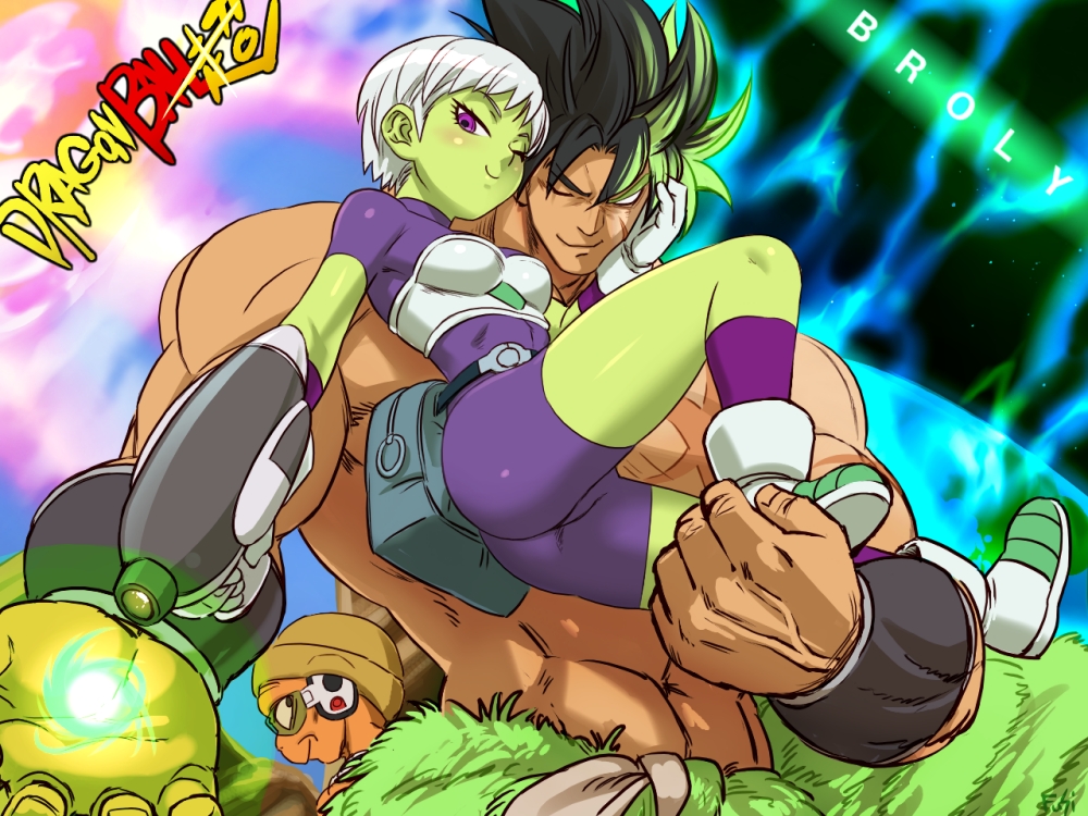 1girl 2boys abs alien ass belt biceps black_hair blush boots broly broly_(dragon_ball_super) cheelai chirai dragon_ball dragon_ball_super dragon_ball_super_broly empty_eyes energy_ball energy_gun fushisha_o gloves glowing glowing_hair green_skin gun hand_on_another's_face holding holding_weapon looking_at_viewer multiple_boys muscle one_eye_closed ray_gun scar scouter shirtless smile spiky_hair stomach violet_eyes weapon wristband