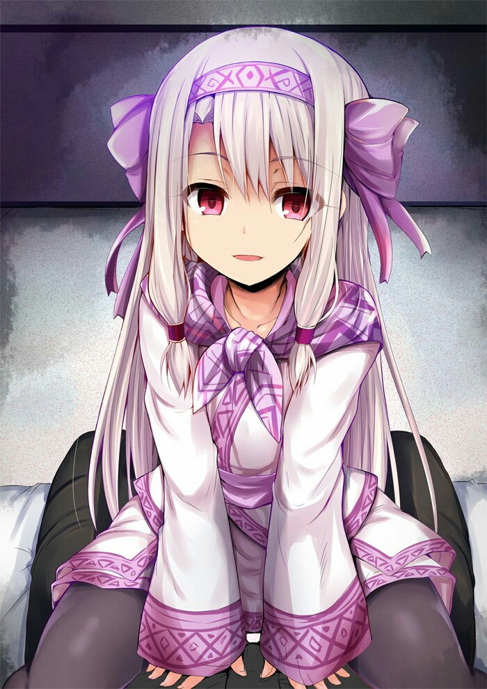 1girl ainu_clothes artist_request bangs black_legwear blush bow collarbone eyelashes fate/grand_order fate_(series) hair_between_eyes hair_bow hair_tubes hairband illyasviel_von_einzbern long_hair looking_at_viewer open_mouth pantyhose parted_lips purple_bow purple_scarf red_eyes ribbon sash scarf sidelocks sitonai sitonai_(fate/grand_order) smile solo_focus sweater thighs white_hair white_sweater