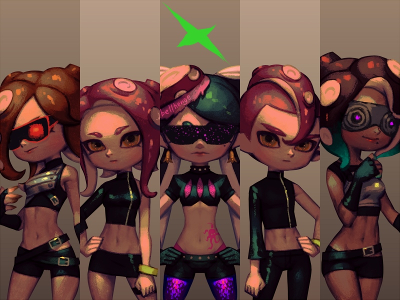 1boy 4girls agent_8 alternate_costume aori_(splatoon) artist_name bellhenge belt bike_shorts black_shorts breastplate breasts brown_eyes column_lineup commentary crop_top earrings english_commentary glowing glowing_eye goggles hand_on_hip hands_on_hips highleg highleg_panties inkling jewelry medium_hair midriff miniskirt mohawk mole mole_under_eye mole_under_mouth multiple_belts multiple_girls navel nintendo octarian octoling panties pantyhose pantyhose_under_shorts pink_panties pointy_ears purple_legwear short_hair shorts single_sleeve skirt small_breasts splatoon splatoon_2 standing stomach_tattoo sunglasses takozonesu tattoo toned underwear