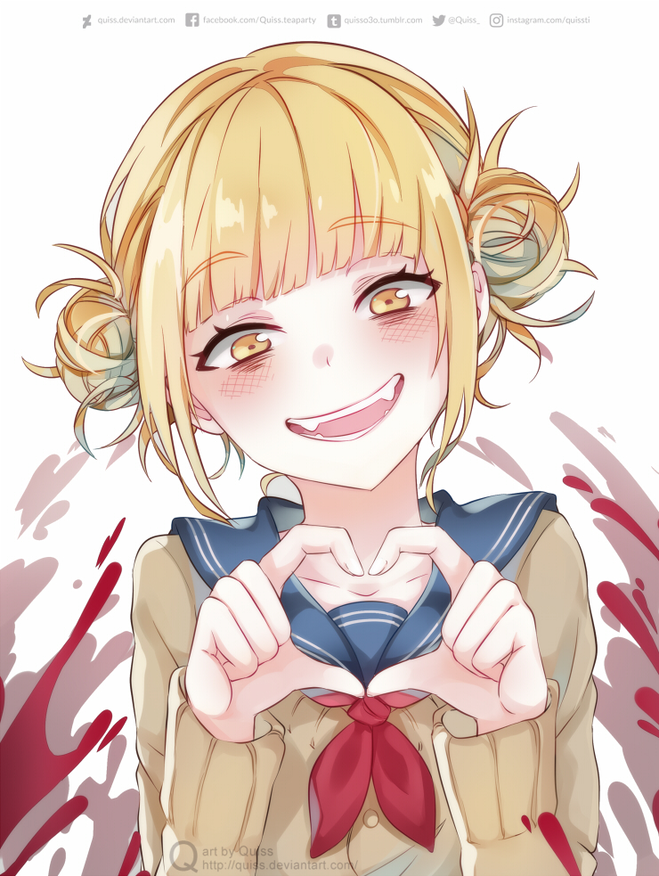 1girl :d bangs blood blunt_bangs blush boku_no_hero_academia brown_sweater collarbone double_bun eyebrows_visible_through_hair fangs heart heart_hands neckerchief open_mouth quiss red_neckwear sailor_collar school_uniform serafuku shiny shiny_hair short_hair sidelocks smile solo sweater tied_hair toga_himiko upper_body watermark web_address white_background