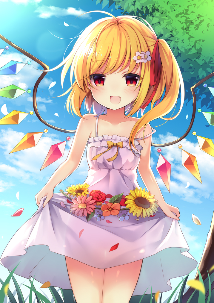 1girl :d alternate_costume bangs bare_arms bare_shoulders blonde_hair blue_sky blush breasts clouds collarbone commentary_request cowboy_shot crystal day dress eyebrows_visible_through_hair flandre_scarlet flower frilled_dress frills grass hair_flower hair_ornament hair_ribbon lens_flare looking_at_viewer no_hat no_headwear open_mouth orange_flower outdoors petals pink_flower red_eyes red_flower red_ribbon red_rose ribbon rose rose_petals ruhika see-through_silhouette skirt_hold sky small_breasts smile solo standing strap_slip sunflower thighs touhou tree white_dress white_flower wings