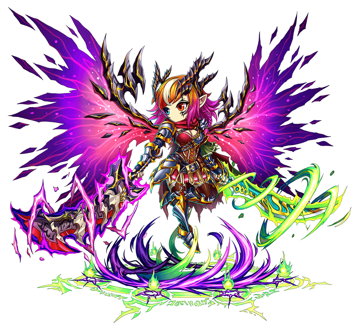 1girl armor belt braid brave_frontier breastplate breasts cape capelet chibi cleavage corset demon_girl dual_wielding energy_wings ezra_(brave_frontier) facial_mark fingerless_gloves full_body gauntlets gloves gradient_hair greaves heterochromia holding horns medium_breasts multicolored_hair pointy_ears pouch shoulder_armor shoulder_spikes skirt smile solo spikes sword torn_clothes transparent_background weapon wings