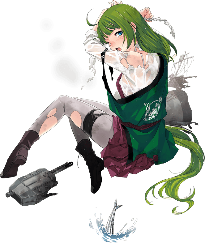 1girl back_turned boots braid coat cross-laced_footwear dress fish fujikawa full_body gloves gloves_removed green_hair grey_legwear hair_undone headband kantai_collection lace-up_boots long_hair machinery mole mole_under_mouth necktie official_art pantyhose saury school_uniform shirt sleeveless sleeveless_dress solo torn_clothes torn_pantyhose transparent_background very_long_hair wet wet_clothes white_shirt yuugumo_(kantai_collection)