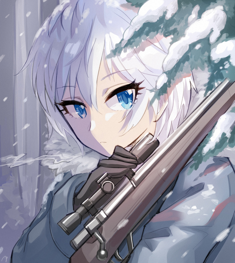 1girl amy30535 anastasia_(idolmaster) black_gloves blue_eyes eyebrows_visible_through_hair gloves grey_coat gun hair_between_eyes holding holding_gun holding_weapon idolmaster idolmaster_cinderella_girls looking_at_viewer outdoors rifle short_hair silver_hair sniper_rifle snow snowing solo upper_body weapon