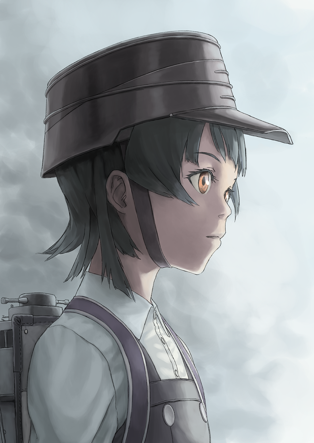 1girl arare_(kantai_collection) backpack bag black_hair brown_eyes dress dress_shirt flat_chest hat highres kantai_collection parted_lips pinafore_dress profile remodel_(kantai_collection) shirt short_hair solo taruya upper_body white_shirt