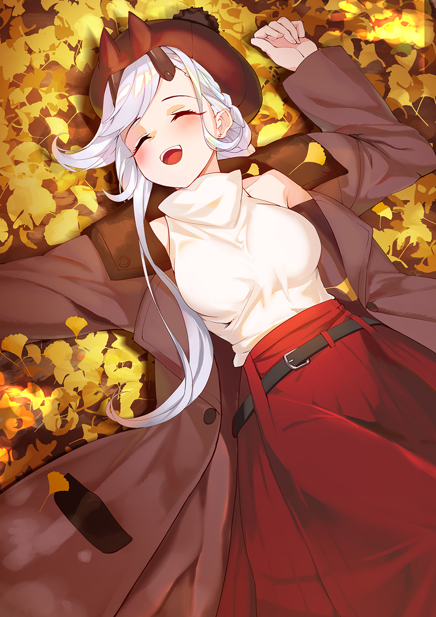 1girl :d alternate_costume autumn_leaves belt blush braid breasts brown_coat closed_eyes coat commentary_request earrings eyelashes fate/grand_order fate_(series) hat highres jewelry long_hair long_skirt looking_to_the_side lying medium_breasts on_back on_ground oni_horns open_clothes open_coat open_mouth red_skirt silver_hair single_braid skirt sleeveless sleeveless_turtleneck smile solo soupchan stud_earrings sweater tomoe_gozen_(fate/grand_order) turtleneck turtleneck_sweater white_sweater