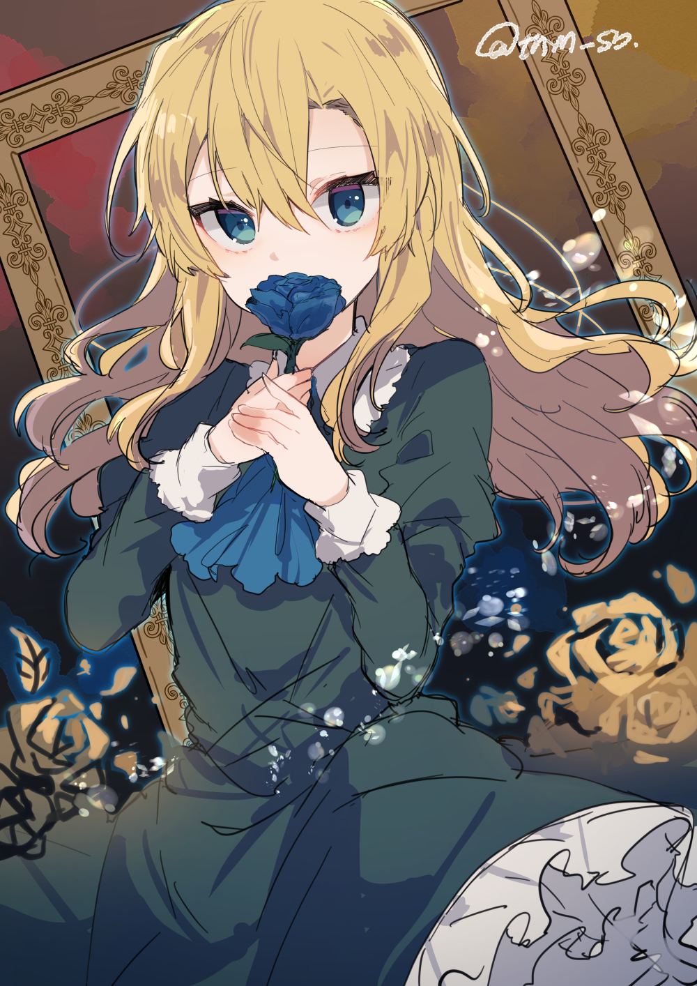 1girl ascot bangs blonde_hair blue_eyes blue_flower blue_neckwear blue_rose brown_background copyright_request cowboy_shot dress eyebrows_visible_through_hair flower frilled_dress frills green_dress hair_between_eyes highres holding holding_flower ikeuchi_tanuma juliet_sleeves light_particles long_hair long_sleeves picture_frame puffy_sleeves rose sketch sleeve_cuffs smelling solo twitter_username yellow_flower yellow_rose