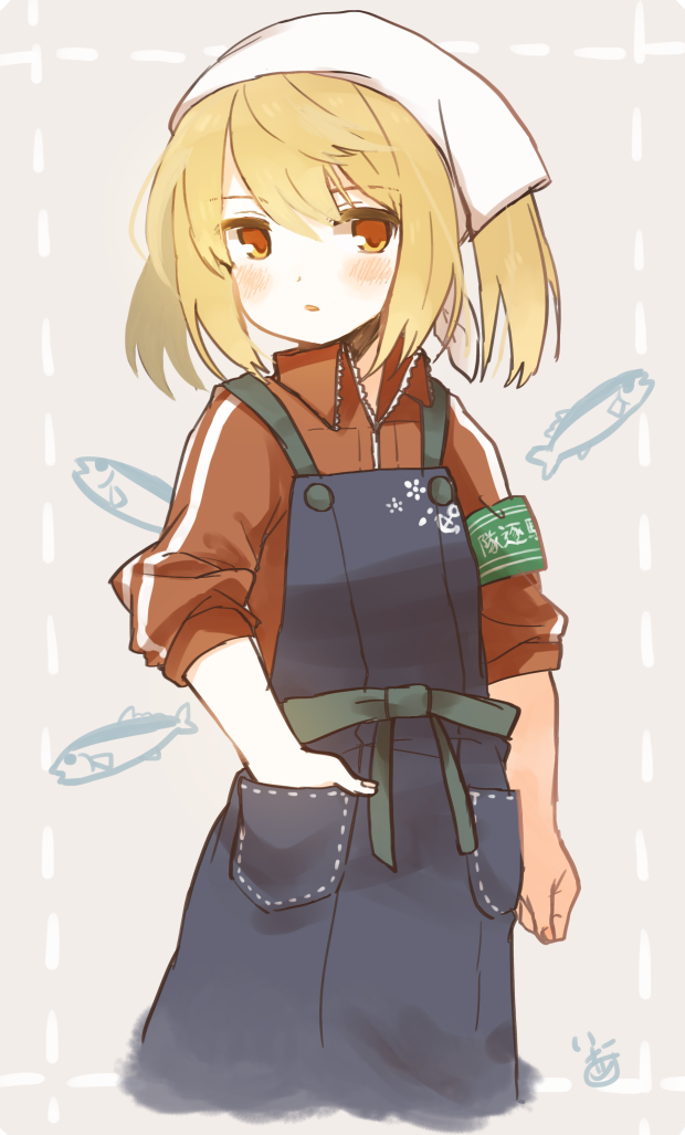 1girl alternate_costume anchor_symbol apron armband blush brown_eyes commentary cropped_legs eyebrows_visible_through_hair fish green_ribbon hair_between_eyes hand_in_pocket ina_(1813576) kantai_collection light_brown_hair long_hair long_sleeves looking_at_viewer michishio_(kantai_collection) parted_lips red_track_suit ribbon saury signature simple_background sleeves_rolled_up tenugui twintails zipper
