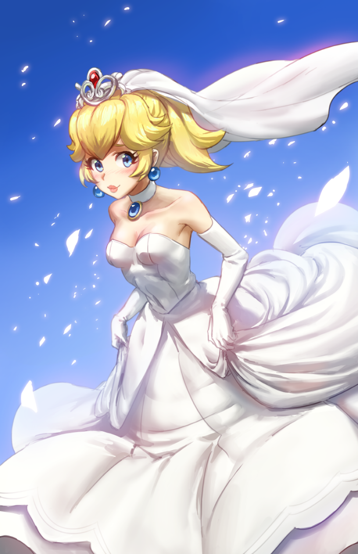 1girl athenawyrm bare_shoulders blonde_hair blue_background blue_earrings blue_eyes blush breasts bridal_gauntlets choker cleavage crown dress elbow_gloves gloves lipstick long_hair makeup super_mario_bros. medium_breasts nintendo princess princess_peach skirt_hold smile solo standing super_mario_bros. wedding_dress white_choker white_gloves