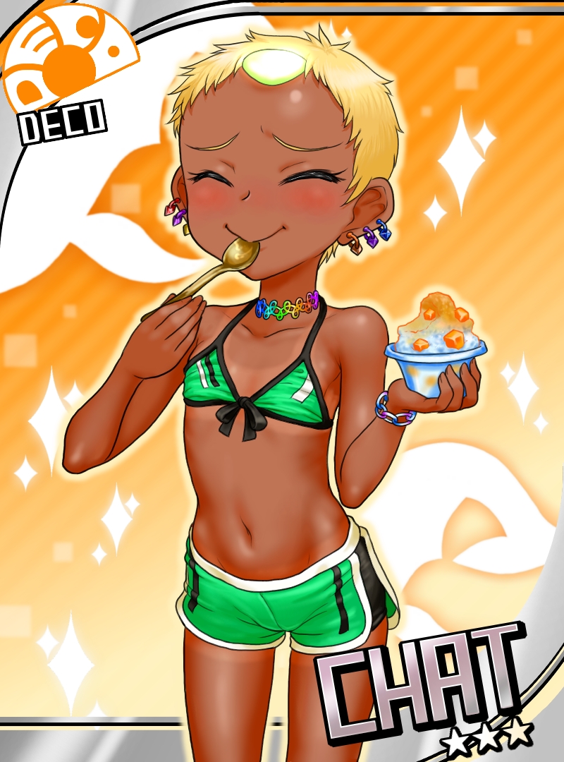 ^_^ blonde_hair blush boro chat choker closed_eyes closed_eyes dark_skin earrings eating forehead forehead_jewel jewelry midriff navel short_hair shorts spoon tales_of_(series) tan tanline very_short_hair