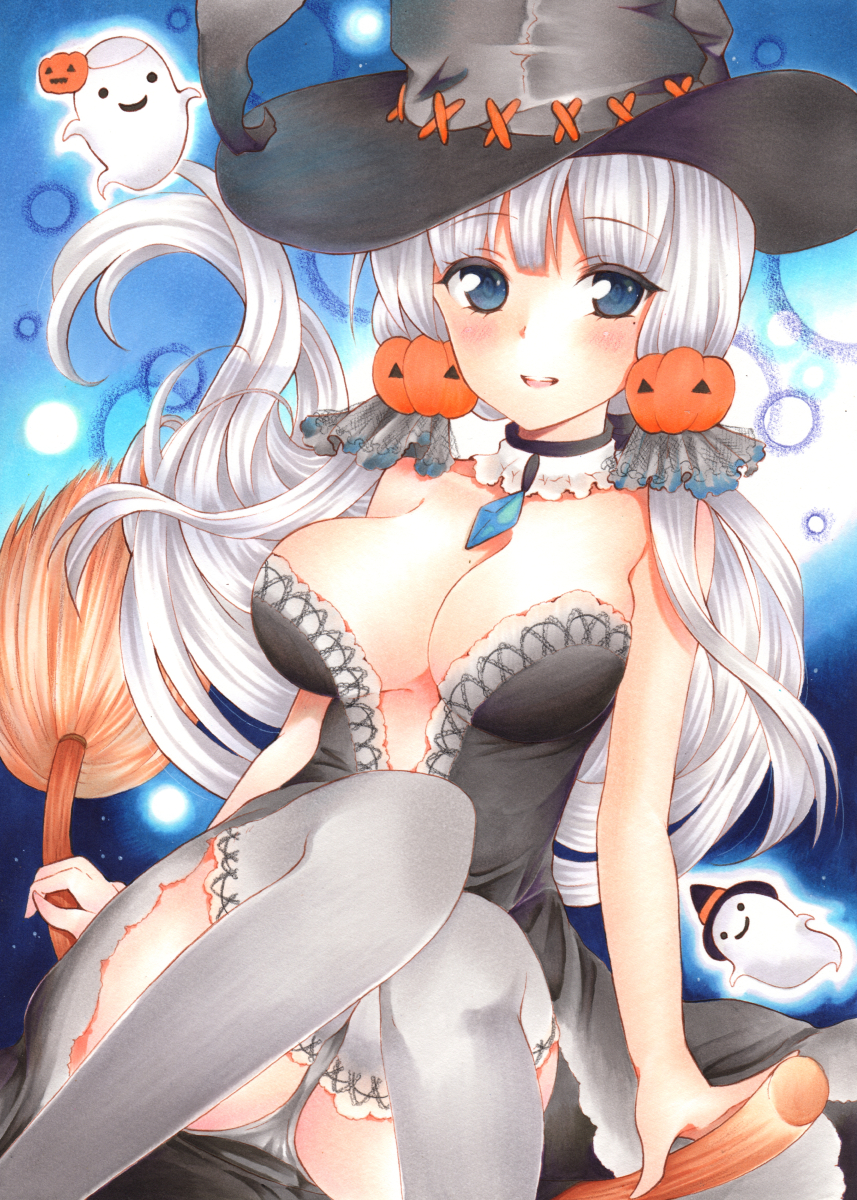 1girl :d azur_lane bangs bare_shoulders black_hat blush breasts broom broom_riding cleavage detached_collar eyebrows_visible_through_hair food_themed_hair_ornament ghost grey_legwear grey_panties hair_ornament halloween halloween_costume hat highres illustrious_(azur_lane) knees_together_feet_apart large_breasts long_hair looking_at_viewer low_twintails marker_(medium) mole mole_on_breast mole_under_eye open_mouth panties pantyshot pantyshot_(sitting) pumpkin_hair_ornament sidesaddle sitting smile solo teeth thigh-highs traditional_media twintails underwear witch_hat yoruoujito-tsukinohime