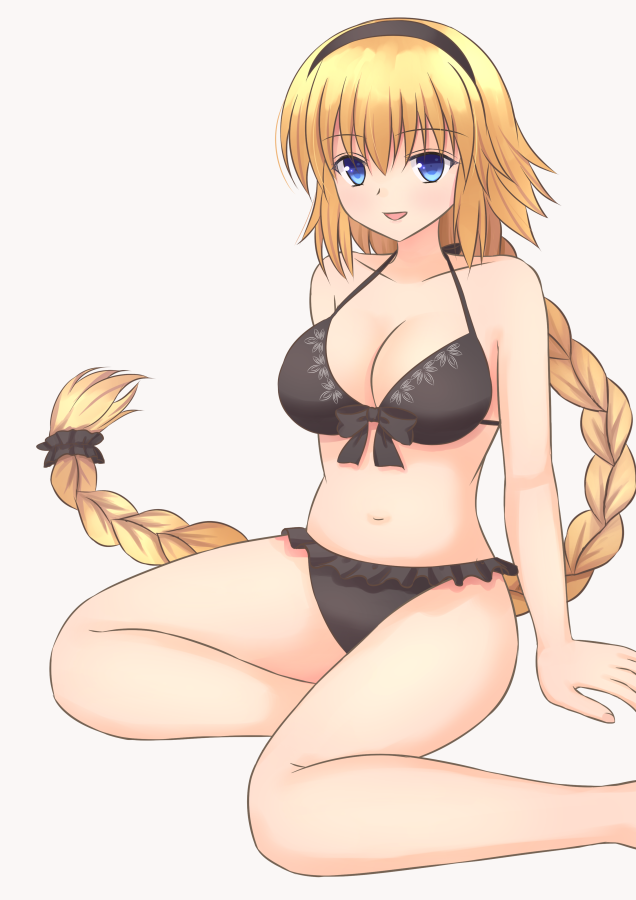 bangs bikini black_bikini black_hairband blue_eyes braid breasts cleavage commentary_request eyebrows_visible_through_hair fate/grand_order fate_(series) frilled_bikini frills front-tie_bikini front-tie_top grey_background hair_between_eyes hairband jeanne_d'arc_(fate)_(all) jeanne_d'arc_(swimsuit_archer) large_breasts long_braid navel shizukage_(shizukageya) sidelocks single_braid swimsuit