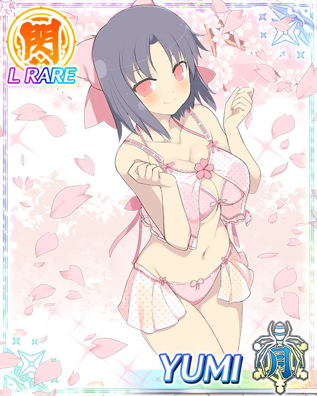 bare_arms bare_legs bare_shoulders bikini bow breasts card_(medium) character_name cherry_blossoms clenched_hand emblem grey_hair hair_bow huge_breasts official_art pink_bow pink_eyes senran_kagura senran_kagura_new_wave short_hair smile solo swimsuit tree yaegashi_nan yumi_(senran_kagura)