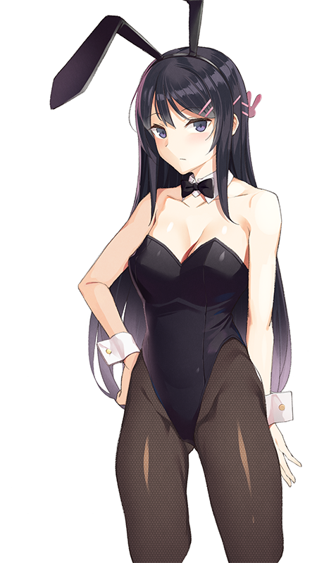 1girl animal_ears black_eyes black_hair black_legwear black_leotard bow bowtie breasts bunnysuit cowboy_shot detached_collar hair_ornament hairclip hand_on_hip leotard long_hair looking_at_viewer medium_breasts pantyhose rabbit_ears sakurajima_mai seishun_buta_yarou simple_background solo strapless strapless_leotard umihotaru_harumare white_background wrist_cuffs