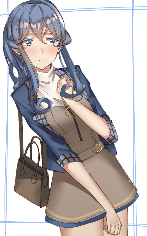 1girl bag blue_hair blue_jacket blush breasts closed_mouth dress eyebrows_visible_through_hair gotland_(kantai_collection) jacket kantai_collection long_hair looking_at_viewer pallad remodel_(kantai_collection) short_dress simple_background small_breasts solo white_background