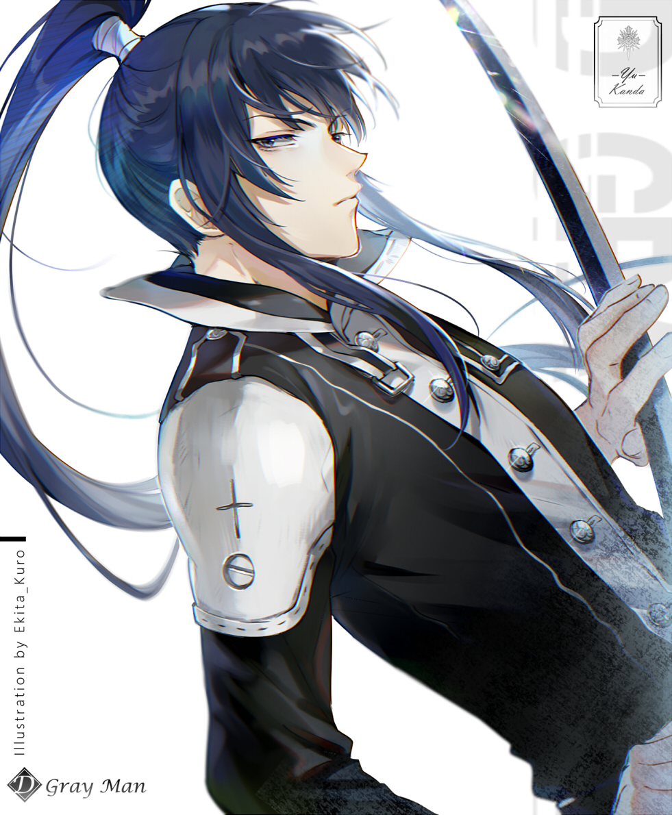 artist_name blue_eyes blue_hair character_name copyright_name d.gray-man ekita_xuan floating_hair from_side hair_ornament high_ponytail holding holding_sword holding_weapon kanda_yuu katana long_hair looking_at_viewer male_focus sword uniform upper_body very_long_hair weapon