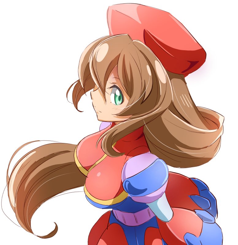 1girl android beret breasts brown_hair dress from_above green_eyes hair_between_eyes hat iris_(rockman_x) large_breasts long_hair looking_at_viewer ngv3553 red_hat rockman rockman_x rockman_x4 simple_background smile solo white_background