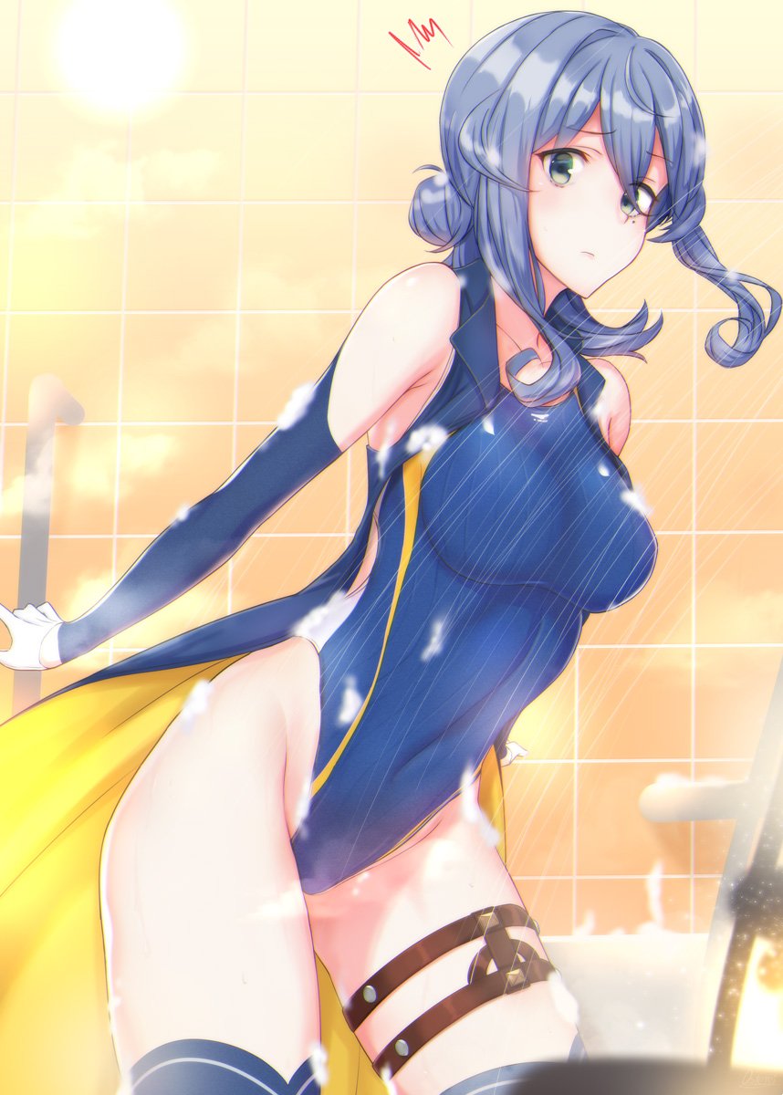 1girl adapted_costume bangs bathroom blue_eyes blue_hair blue_legwear blue_swimsuit blush breasts collarbone covered_navel detached_sleeves eyebrows_visible_through_hair gloves gotland_(kantai_collection) groin hair_between_eyes hair_bun half_gloves highres kantai_collection long_hair long_sleeves looking_at_viewer medium_breasts mole mole_under_eye osterei showering sidelocks solo steam surprised swimsuit thigh-highs thigh_strap white_gloves