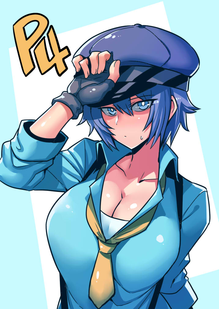 1girl blue_eyes blue_hair blue_shirt breasts cabbie_hat cleavage gloves hat large_breasts necktie persona persona_4 shirogane_naoto shirt short_hair simple_background solo tsuki_wani