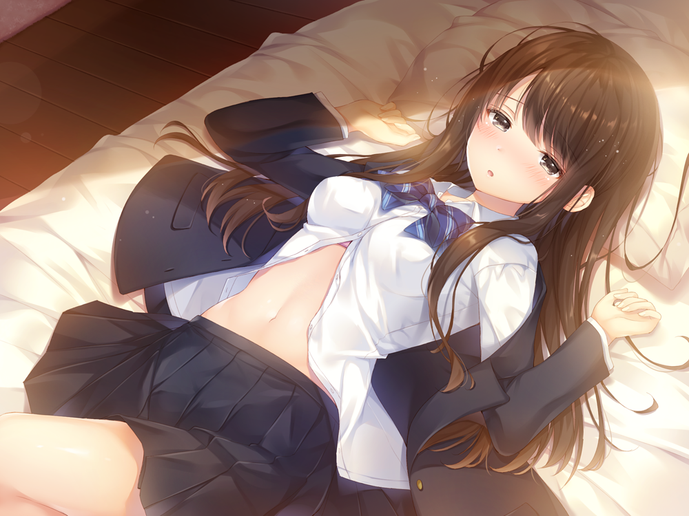 1girl bangs bed bed_sheet black_jacket black_skirt blazer blue_bow blue_neckwear bow bowtie breasts brown_eyes brown_hair commentary_request day from_above half-closed_eyes hands_up indoors jacket knee_up long_hair lying medium_breasts medium_skirt navel noda_shuha on_back on_bed open_blazer open_clothes open_jacket original pink_hair plaid plaid_bow plaid_neckwear pleated_skirt school_uniform shirt skirt solo stomach straight_hair sunlight unbuttoned very_long_hair white_shirt wooden_floor