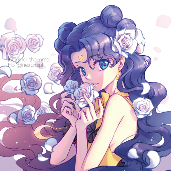 1girl bangs bare_arms bishoujo_senshi_sailor_moon black_hair blue_eyes choker crescent crescent_earrings earrings facial_mark flower forehead_mark hair_bun jewelry long_hair looking_at_viewer luna_(sailor_moon) luna_(sailor_moon)_(human) nezumipl parted_bangs petals rose smile solo twitter_username upper_body wavy_hair white_background white_flower white_rose yellow_neckwear