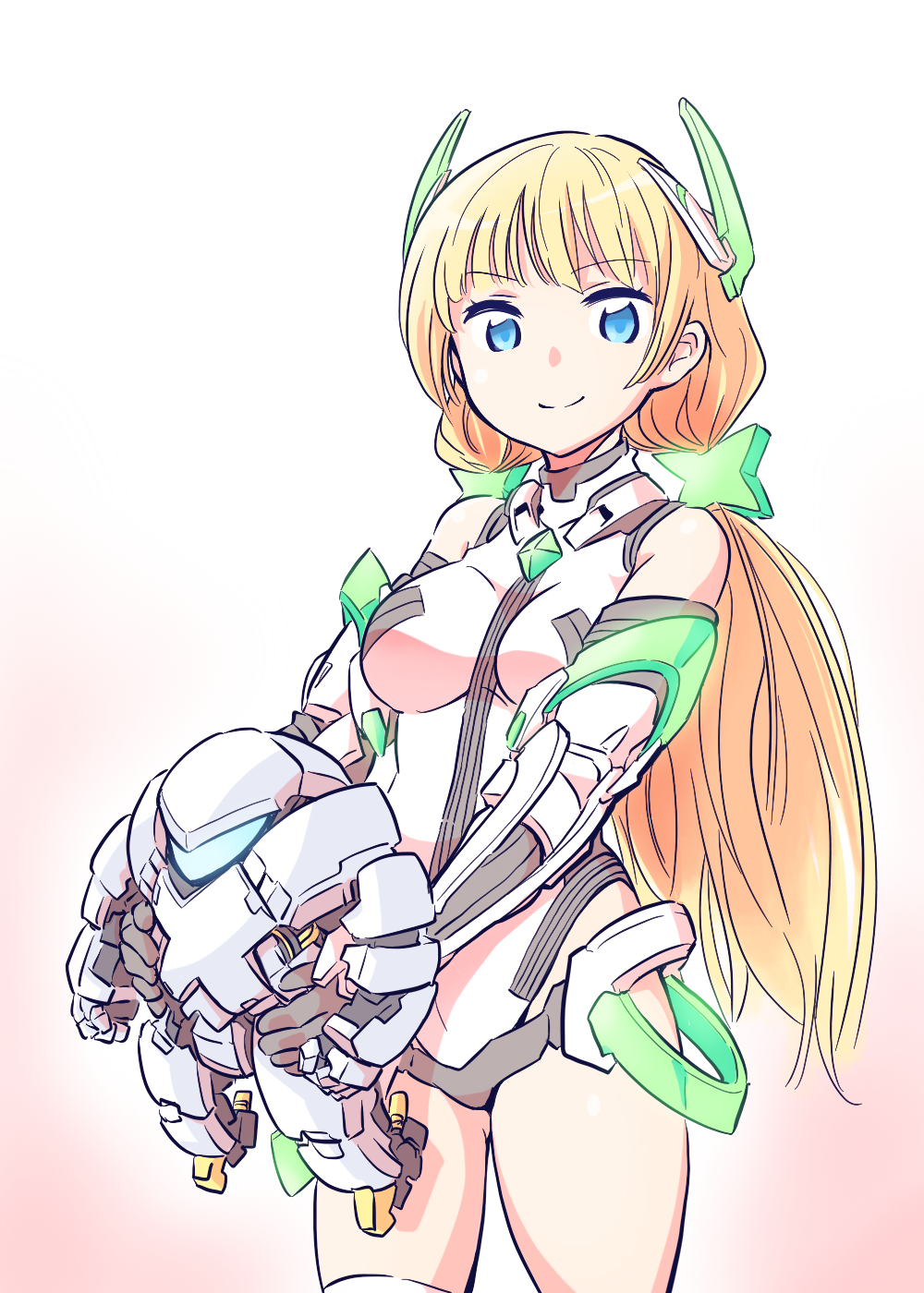 1girl angela_balzac arhan_(rakuen_tsuihou) blonde_hair blue_eyes cowboy_shot deva_battle_suit elbow_gloves gloves hair_ornament highres ishiyumi looking_at_viewer low_twintails mecha rakuen_tsuihou smile twintails