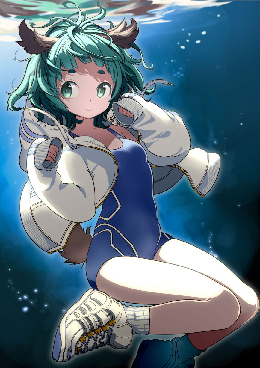 1girl alternate_costume animal_ears bangs bare_legs bare_shoulders blue_swimsuit breasts commentary_request contemporary drawstring feet_out_of_frame green_eyes green_hair hands_up highres hood hooded_jacket jacket jumping kasodani_kyouko light_particles long_sleeves looking_at_viewer namauni one-piece_swimsuit open_clothes open_jacket shoes short_hair sleeves_past_fingers sleeves_past_wrists small_breasts sneakers socks solo swimsuit tail thick_eyebrows thighs touhou underwater white_footwear white_jacket white_legwear