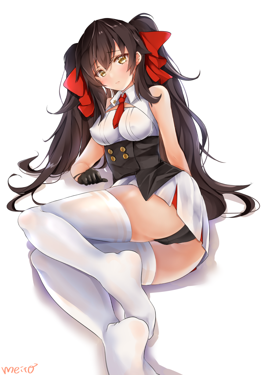 1girl ass bangs bare_shoulders black_hair blush breasts brown_eyes cleavage_cutout closed_mouth commentary covered_nipples double-breasted erect_nipples eyebrows_visible_through_hair frown girls_frontline gloves hair_between_eyes hair_ribbon highres long_hair looking_at_viewer lying medium_breasts meito_harmren necktie no_shoes on_side panties pleated_skirt qbz-97_(girls_frontline) reclining red_ribbon ribbon shirt sidelocks simple_background skindentation skirt sleeveless sleeveless_shirt solo thigh-highs thighs twintails underbust underwear very_long_hair white_background white_legwear white_panties white_shirt