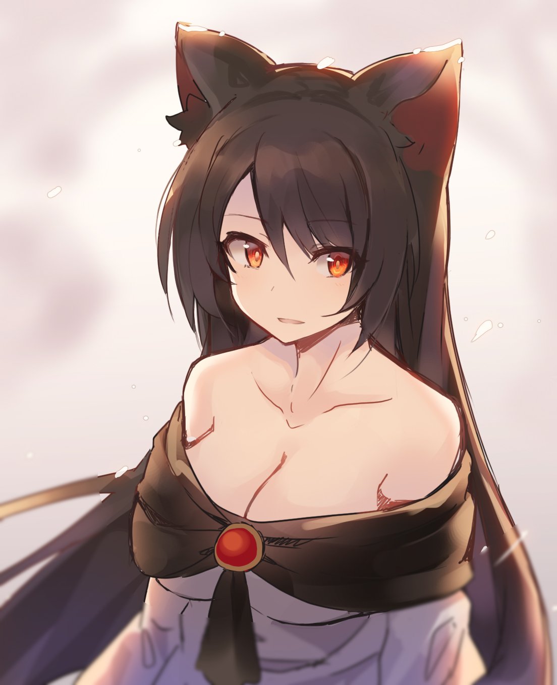 1girl animal_ear_fluff animal_ears bangs bare_shoulders breasts brooch brown_hair cleavage collarbone commentary_request dress eyebrows_visible_through_hair grey_background hair_between_eyes highres imaizumi_kagerou jewelry large_breasts long_hair long_sleeves looking_at_viewer off-shoulder_dress off_shoulder parted_lips red_eyes rin_falcon smile solo touhou upper_body very_long_hair white_dress wolf_ears