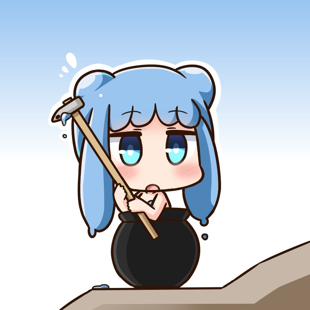 1girl :o bangs blue_eyes blue_hair blush cauldron chibi collarbone commentary_request double_bun eyebrows_visible_through_hair getting_over_it goo_girl half_slime-chan hammer hana_kazari holding holding_hammer long_hair looking_at_viewer monster_girl nude open_mouth original sidelocks sledgehammer solo