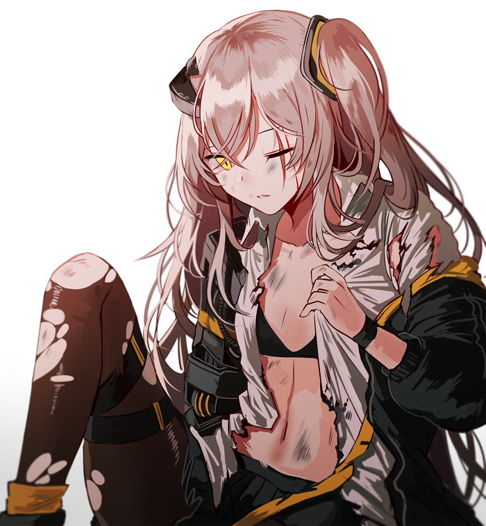 1girl bangs black_skirt blood blood_on_face damaged dirty girls_frontline hair_between_eyes hair_ornament hood hood_down hooded_jacket jacket knee_up light_brown_hair long_hair looking_at_viewer mechanical_arm mod3_(girls_frontline) one-eyed one_side_up open_clothes open_jacket open_mouth open_shirt pantyhose pleated_skirt scar scar_across_eye shirt sidelocks silence_girl simple_background sitting skirt thigh_strap torn_clothes torn_pantyhose torn_shirt ump45_(girls_frontline) white_background yellow_eyes