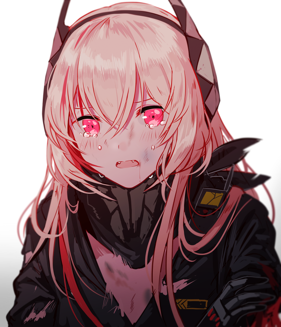 1girl bangs black_jacket crying crying_with_eyes_open fangs girls_frontline gloves gradient gradient_background hair_between_eyes headgear holding_arm jacket long_hair looking_at_viewer m4_sopmod_ii_(girls_frontline) multicolored_hair open_mouth pink_hair red_eyes redhead scarf sidelocks silence_girl simple_background solo streaked_hair tears torn_clothes upper_body