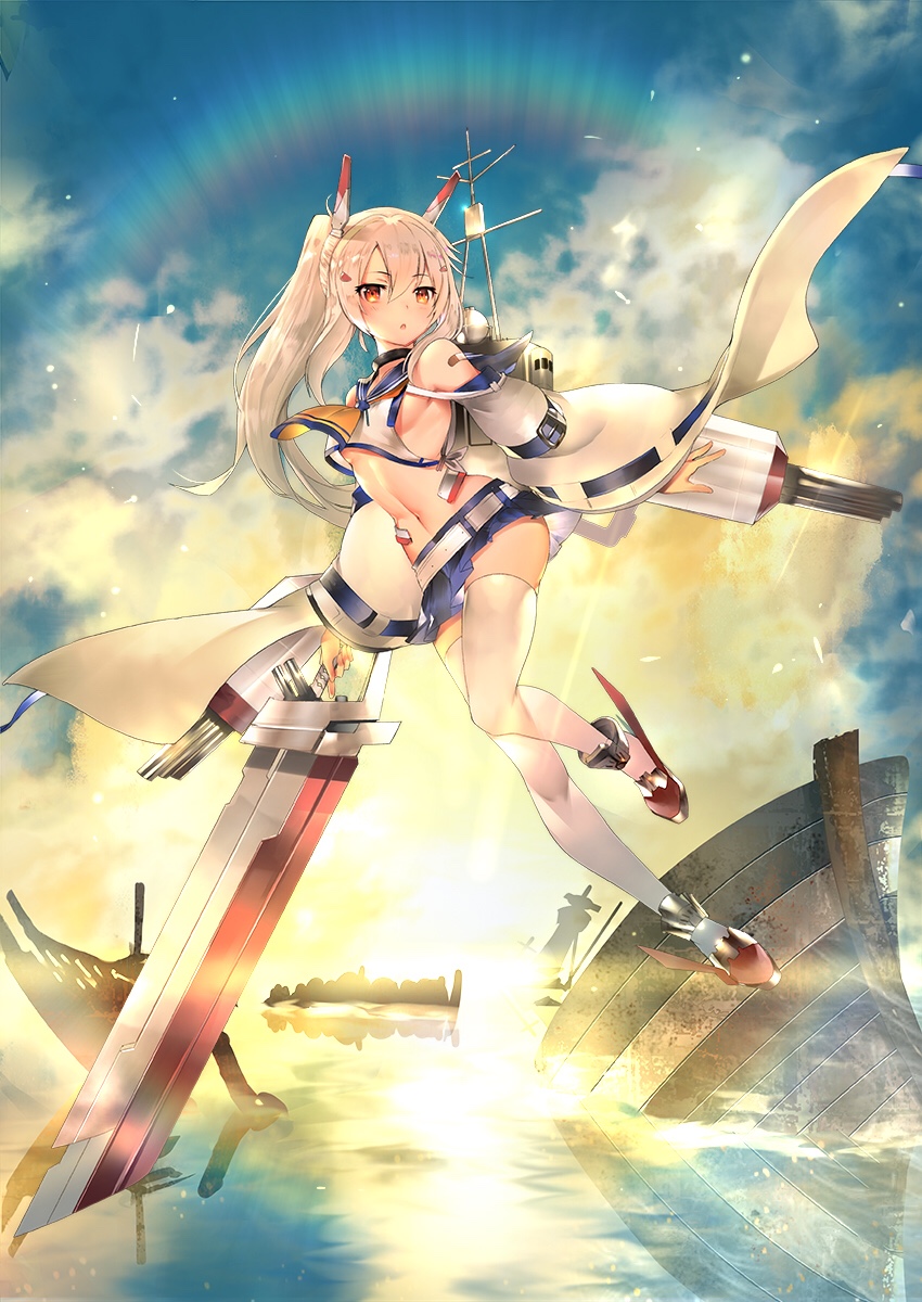 1girl ayanami_(azur_lane) azur_lane bandaid bare_shoulders breasts choker clouds cloudy_sky commentary_request detached_sleeves full_body headgear highres holding holding_sword holding_weapon long_hair looking_at_viewer machinery military military_vehicle navel orange_eyes parted_lips ponytail remodel_(azur_lane) school_uniform serafuku ship silver_hair sky small_breasts solo sword teddy_(khanshin) thigh-highs turret twilight under_boob warship watercraft weapon white_legwear wide_sleeves zettai_ryouiki