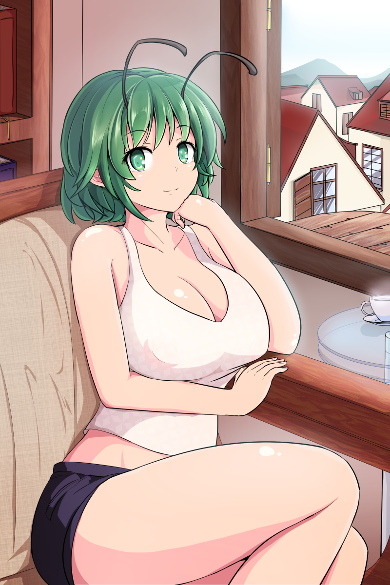 1girl adda antennae arm_rest book bookshelf breasts chair chin_rest cleavage collarbone commentary_request covered_nipples day eyebrows_visible_through_hair green_eyes green_hair highres houses indoors large_breasts looking_at_viewer midriff no_bra open_window short_shorts shorts sitting smile solo tank_top tea thighs touhou window wriggle_nightbug