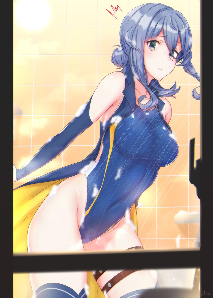 1girl adapted_costume bangs bathroom blue_eyes blue_hair blue_legwear blue_swimsuit blush breasts collarbone competition_swimsuit covered_navel detached_sleeves eyebrows_visible_through_hair gloves gotland_(kantai_collection) groin hair_between_eyes hair_bun half_gloves highres kantai_collection long_hair long_sleeves looking_at_viewer medium_breasts mole mole_under_eye one-piece_swimsuit osterei showering sidelocks solo steam surprised swimsuit thigh-highs thigh_strap white_gloves