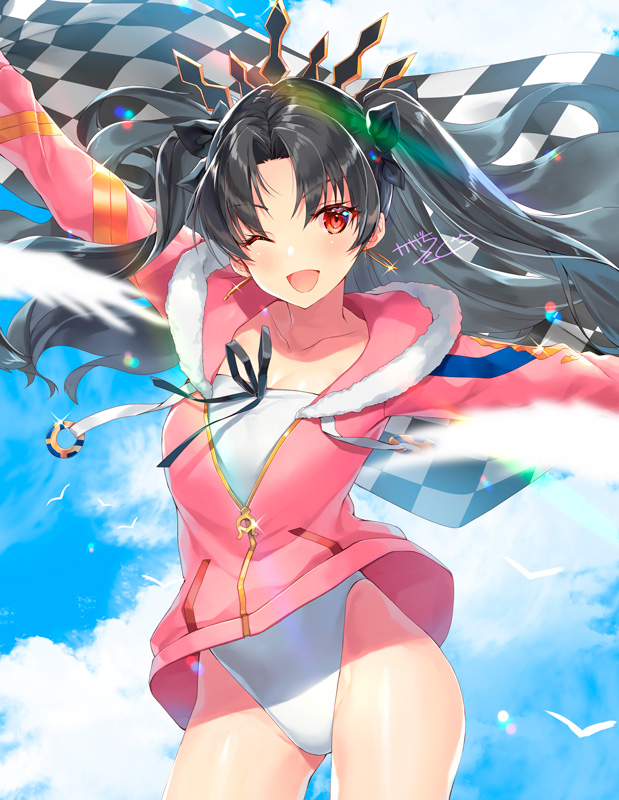 1girl ;d arm_up bangs black_hair black_ribbon blue_sky blurry blurry_foreground blush checkered clouds cloudy_sky collarbone commentary_request contrapposto cowboy_shot day depth_of_field drawstring earrings eyebrows_visible_through_hair fate/grand_order fate_(series) floating_hair fur-trimmed_hood fur_trim glint hair_between_eyes head_tilt hood hood_down hooded_jacket hoop_earrings ishtar_(fate/grand_order) ishtar_(swimsuit_rider)_(fate) jacket jewelry kagachi_saku long_hair long_sleeves looking_at_viewer one_eye_closed open_mouth outdoors outstretched_arms parted_bangs pink_jacket red_eyes ribbon signature sky smile solo standing strapless strapless_swimsuit swimsuit tiara two_side_up white_swimsuit