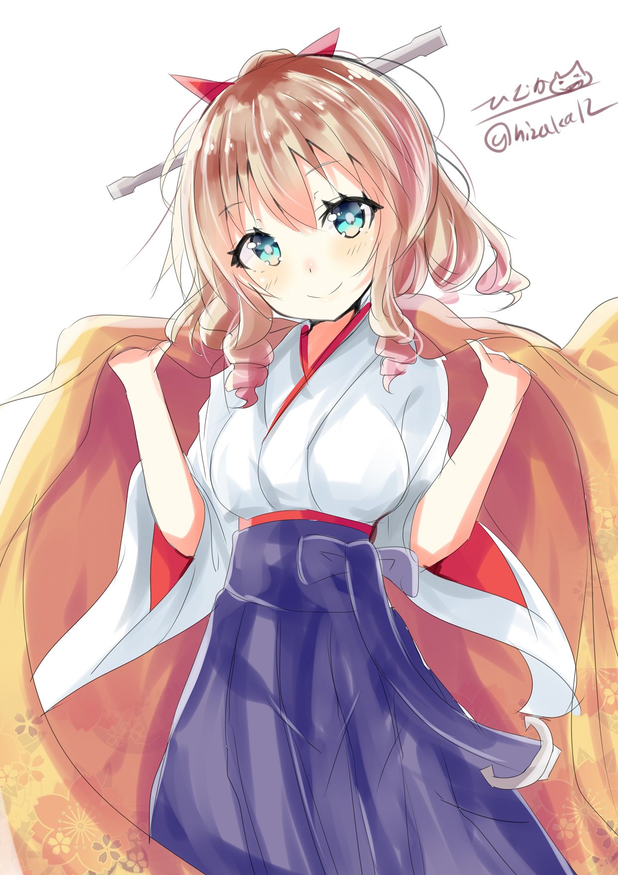 1girl belt blue_eyes blush bow breasts brown_hair closed_mouth drill_hair eyebrows_visible_through_hair hair_between_eyes hair_bow hair_ornament hakama hakama_skirt hatakaze_(kantai_collection) headgear highres hizaka japanese_clothes kantai_collection kimono looking_at_viewer medium_breasts simple_background smile solo twitter_username white_background