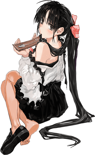 1girl alternate_costume alternate_hairstyle bandanna black_hair bob_(biyonbiyon) brown_eyes fish fish_bone food hair_ribbon kantai_collection kappougi long_hair long_ponytail long_sleeves looking_back official_art ribbon saury shoes shouhou_(kantai_collection) single_shoe tied_hair