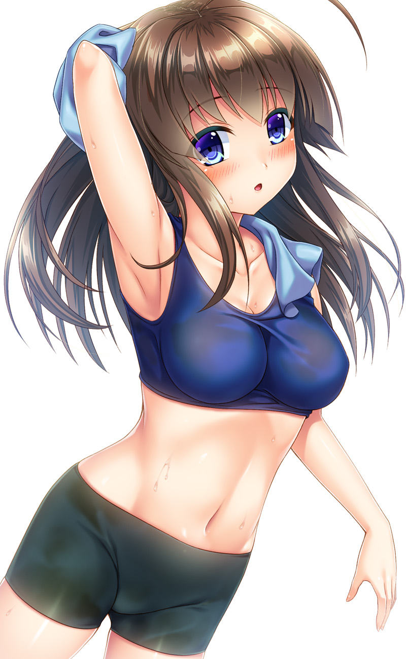 1girl :o ahoge arm_behind_head arm_up armpits bangs bike_shorts black_shorts blue_eyes blue_shirt blue_sports_bra blush breasts brown_hair cleavage collarbone commentary_request cowboy_shot drying dutch_angle eyebrows_visible_through_hair highres holding holding_towel long_hair looking_at_viewer medium_breasts navel noshimasa original parted_lips partial_commentary see-through shirt short_shorts shorts simple_background solo sports_bra standing sweat towel wet wet_clothes white_background