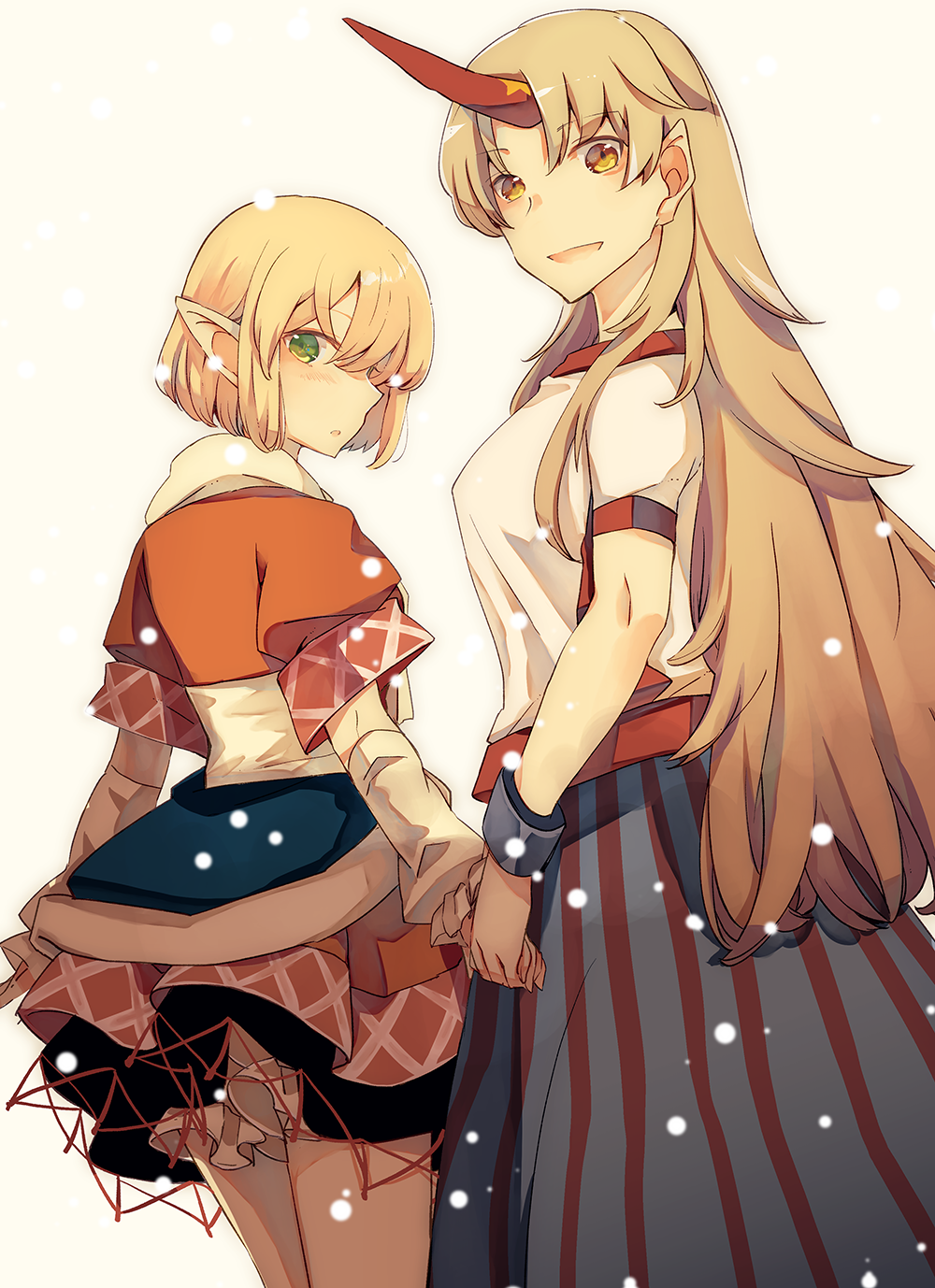 2girls :d arm_warmers atoki bangs beige_background black_skirt blonde_hair bloomers blouse blue_skirt blush breasts brown_blouse commentary_request cowboy_shot cuffs eyebrows_visible_through_hair from_behind green_eyes hair_between_eyes hand_holding highres horn hoshiguma_yuugi large_breasts long_hair looking_at_viewer looking_back mizuhashi_parsee multiple_girls open_mouth parted_lips pointy_ears scarf shackles shirt short_hair short_sleeves simple_background skirt smile snowing standing star striped thighs touhou underwear vertical-striped_skirt vertical_stripes very_long_hair white_bloomers white_scarf white_shirt yellow_eyes yuri