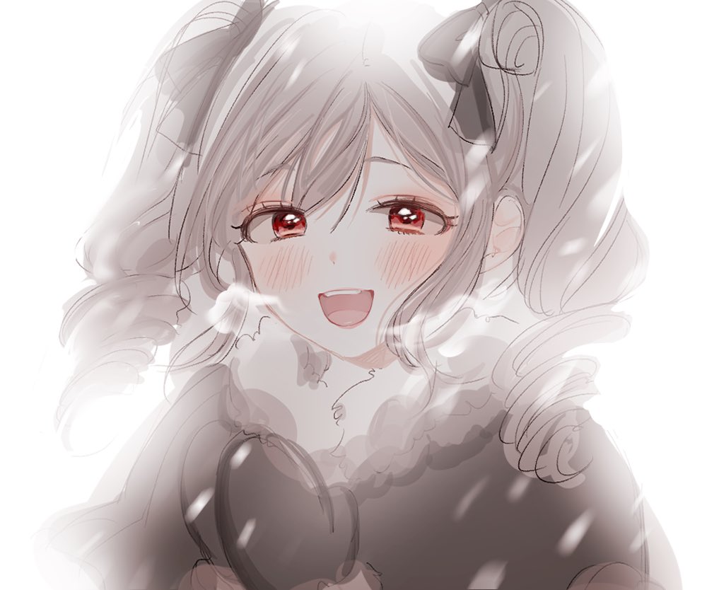 :d blush eyebrows_visible_through_hair gloves hair_ribbon idolmaster idolmaster_cinderella_girls kanzaki_ranko open_mouth red_eyes ribbon shionori_(bpo_o) silver_hair sketch smile snow twintails white_background