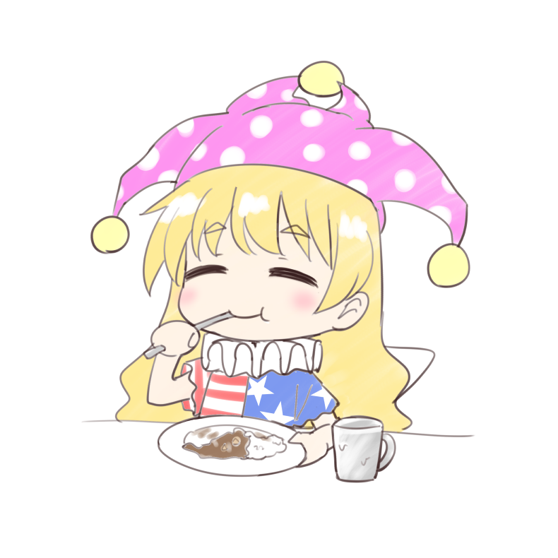 1girl :t ^_^ american_flag_dress bangs blonde_hair blue_dress blush chibi closed_eyes closed_eyes clownpiece commentary_request cup curry curry_rice dress eyebrows_visible_through_hair food hand_up hat holding holding_plate holding_spoon jester_cap long_hair neck_ruff nibi pink_hat plate polka_dot_hat red_dress rice short_sleeves simple_background smile solo spoon star star_print striped striped_dress touhou upper_body white_background white_dress