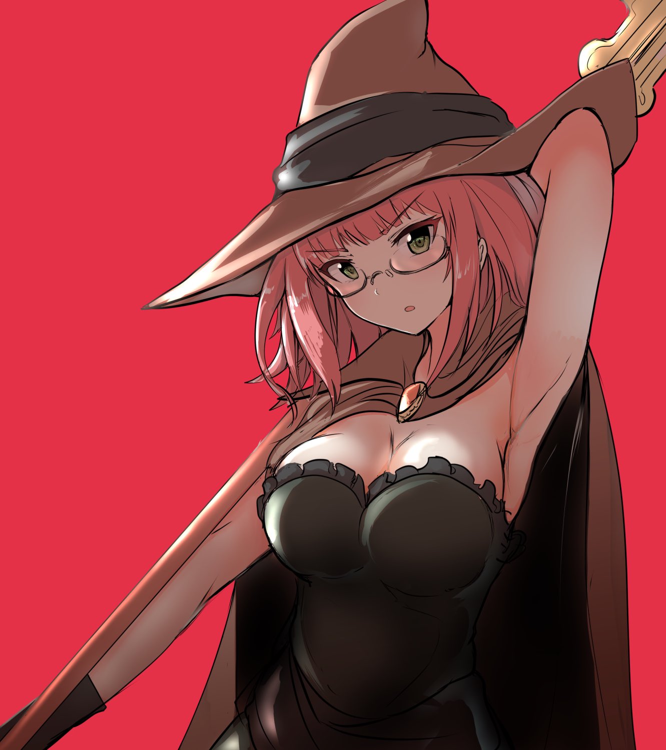 1girl :o arm_behind_back armpits arms_up black_dress breasts cape cleavage dress glasses goblin_slayer! green_eyes half-closed_eyes hat highres large_breasts open_mouth pink_background pink_hair simple_background sleeveless sleeveless_dress staff strapless strapless_dress take_(trude1945oneetyan) witch