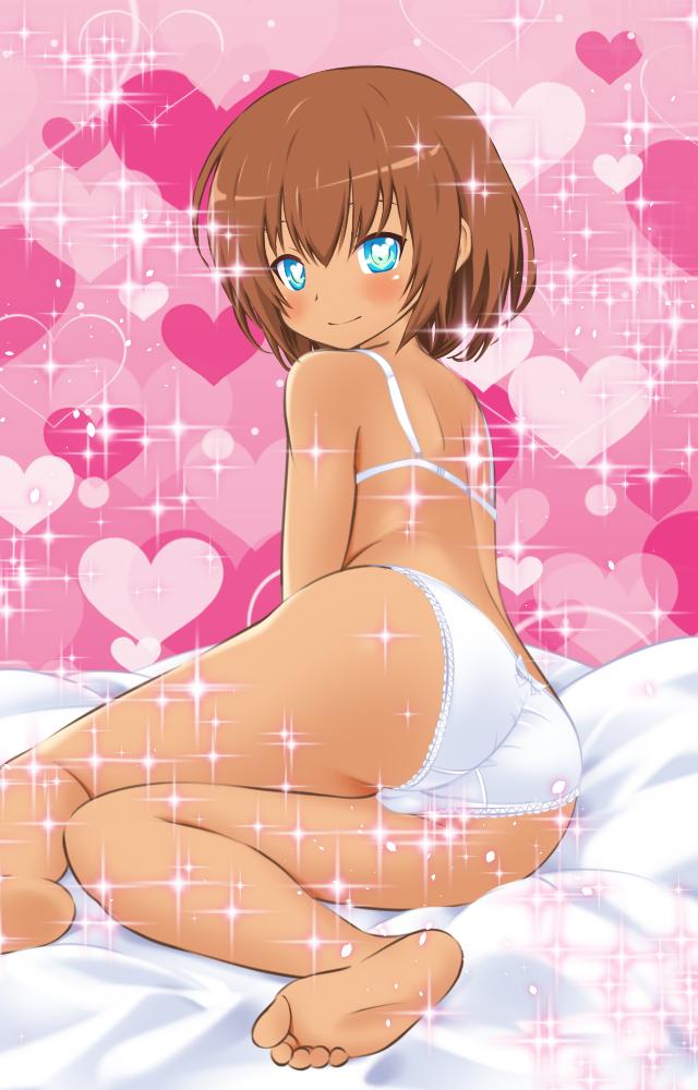 1girl aqua_eyes ass back bangs bow bow_panties bra brown_hair closed_mouth crotch_seam dark_skin feet from_behind heart heart_print lace lace-trimmed_panties legs light_particles looking_at_viewer looking_back lying official_art on_side panties pink_background smile soles solo soulgirl sparkle underwear underwear_only white_bra white_panties