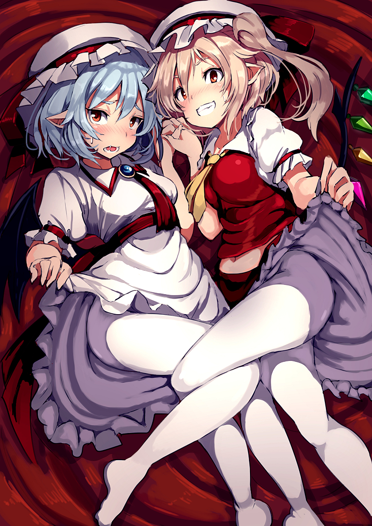 2girls ascot bangs bat_wings blonde_hair blue_hair breasts brooch commentary_request crystal dress dress_lift feet_out_of_frame flandre_scarlet grin hair_between_eyes hand_up hat hat_ribbon holding holding_weapon jewelry lifted_by_self long_hair looking_at_viewer lying medium_breasts midriff mob_cap multiple_girls navel no_shoes on_back on_side one_side_up opanchu_(hakusen) open_mouth pantyhose petticoat pointy_ears puffy_short_sleeves puffy_sleeves red_eyes red_neckwear red_ribbon red_sash red_skirt red_vest remilia_scarlet ribbon sash short_hair short_sleeves siblings sisters skirt skirt_lift skirt_set smile touhou vest weapon white_dress white_hat white_legwear wings yellow_neckwear