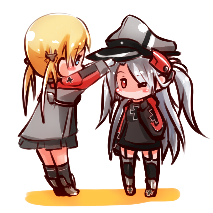 2girls adjusting_clothes adjusting_hat anchor_hair_ornament azur_lane blonde_hair blue_eyes chibi commentary_request crossover garter_straps hair_ornament hat kantai_collection long_hair multiple_girls namesake peaked_cap pleated_skirt prinz_eugen_(azur_lane) prinz_eugen_(kantai_collection) red_eyes silver_hair simple_background skirt twintails two_side_up white_background yagami_kamiya