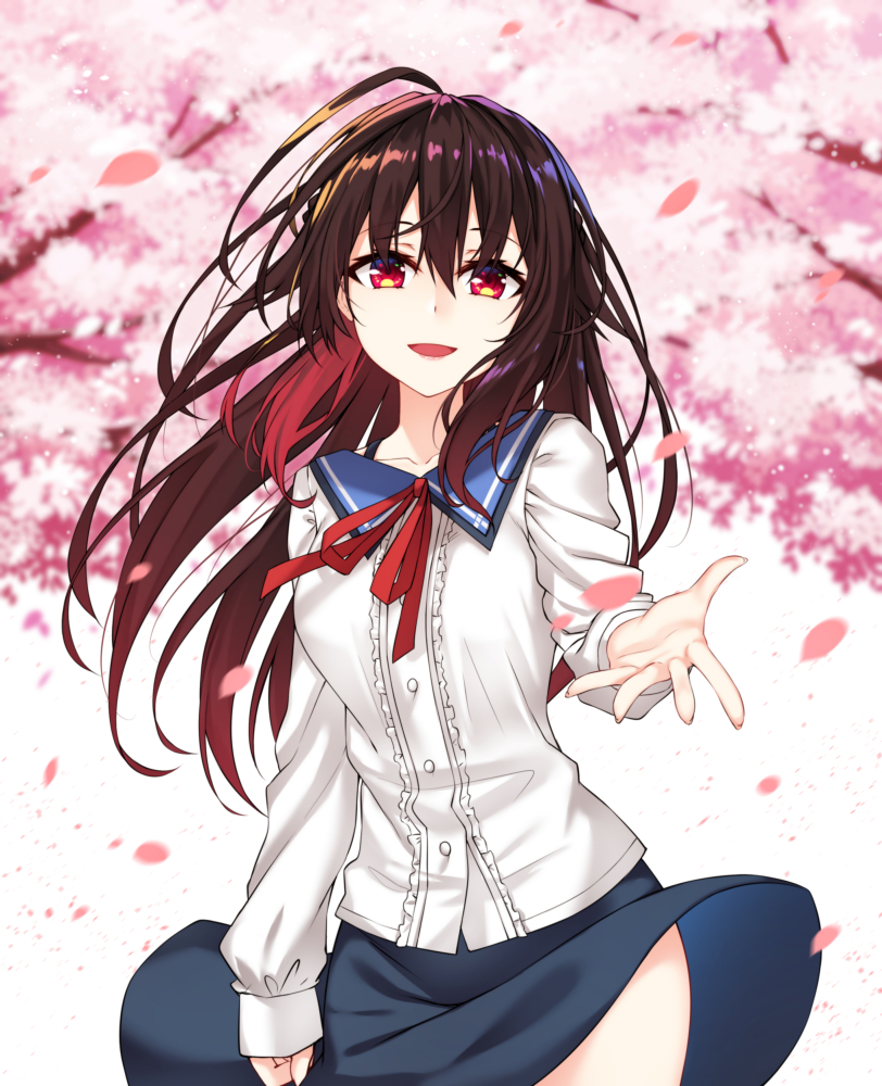 1girl :d blue_skirt brown_hair center_frills cherry_blossoms collarbone commentary hair_between_eyes healther long_hair long_sleeves looking_at_viewer multicolored_hair open_mouth original outstretched_hand petals red_eyes red_ribbon redhead ribbon shirt skirt smile solo white_shirt wind